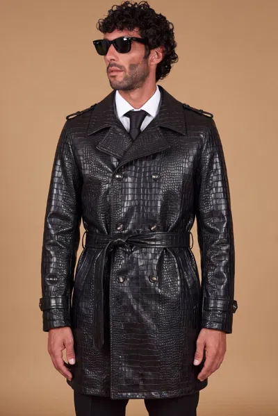D'arienzo Black Double-breasted Belted Coat With Crocodile-effect Finish