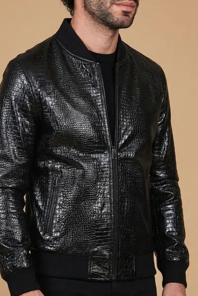 D'arienzo Black Lamb Leather Bomber Jacket Croco Print