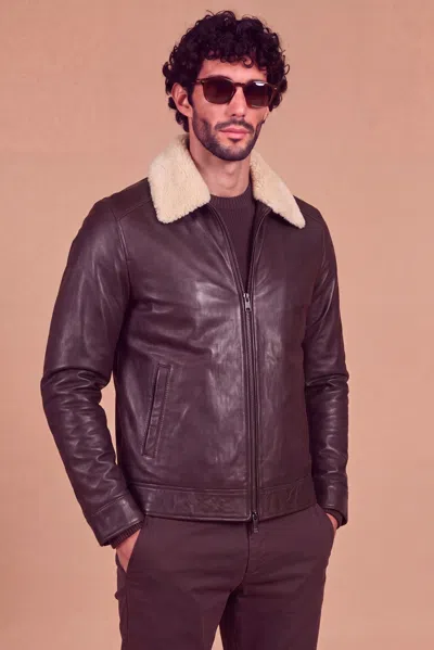 D'arienzo Black Leather Jacket Vintage Effect With Shearling Collar In Brown