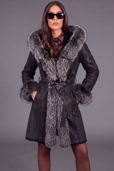 D'arienzo Black Nappa-finish Fur Coat With Frosted Fox Fur Trim On The Hood And Front