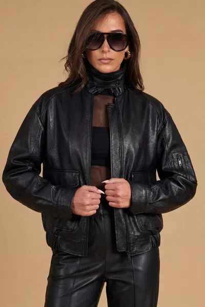 D'arienzo Black Oversized Wrinkled Leather Bomber Jacket With Detachable Sherling Collar