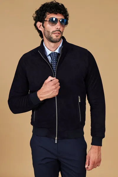 D'arienzo Blue Suede Leather Bomber Jacket Tone In Tone