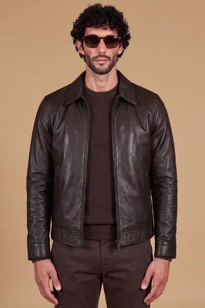D'arienzo Brown Lamb Leather Jacket Vintage Effect With Shirt Collar