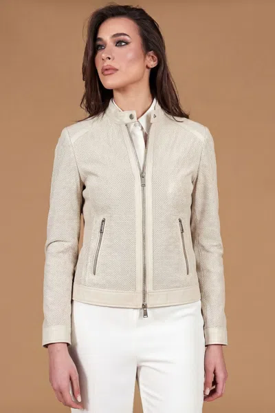 D'arienzo Cream Perforated Lamb Leather Biker Jacket Smooth Effect In White