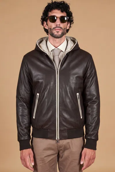 D'arienzo Dark Brown Hooded Natural Leather Bomber Jacket