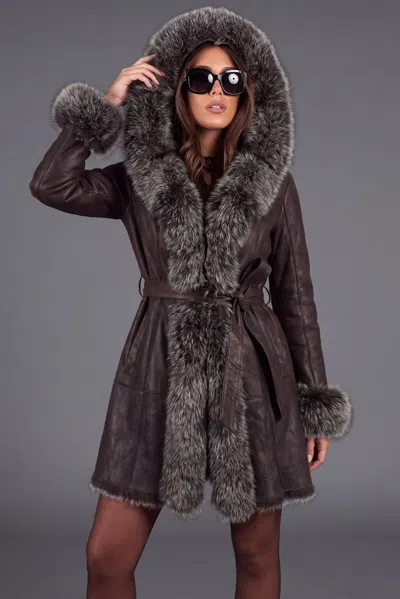 D'arienzo Dark Brown Nappa-finish Fur Coat With Frosted Fox Fur Trim On The Hood And Front