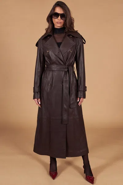 D'arienzo Dark Brown Natural Leather Double-breasted Coat With Belt