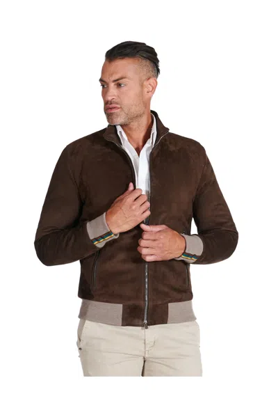 D'arienzo Dark Brown Suede Down Leather Bomber Jacket Korean Collar