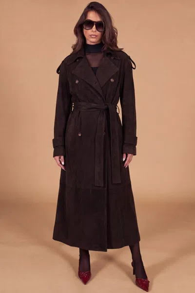 D'arienzo Dark Brown Suede Leather Double-breasted Coat With Belt