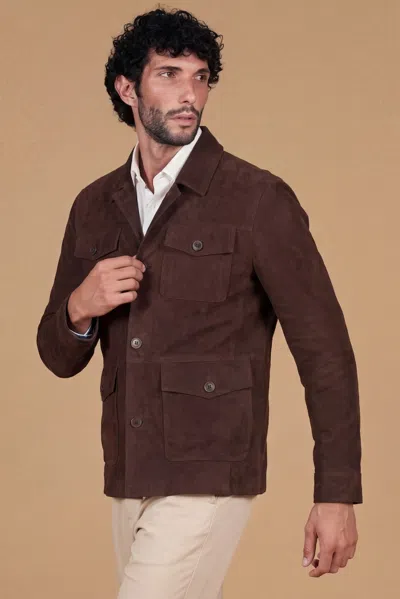 D'arienzo Dark Brown Suede Leather Saharan Jacket With Patch Pockets
