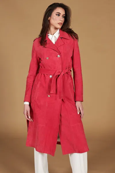 D'arienzo Fuchsia Suede Leather Double-breasted Coat Both Sides Rips In Pink