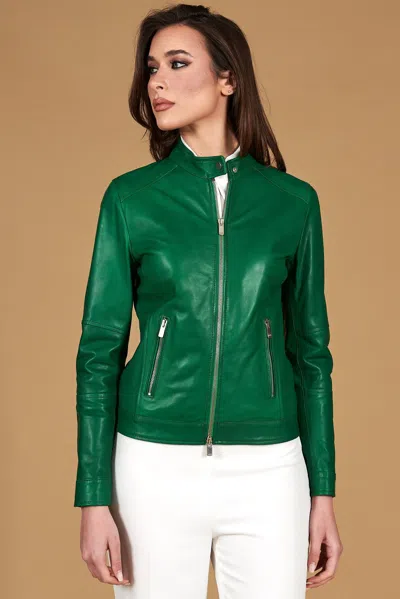 D'arienzo Green Natural Lamb Leather Biker Jacket Smooth Aspect