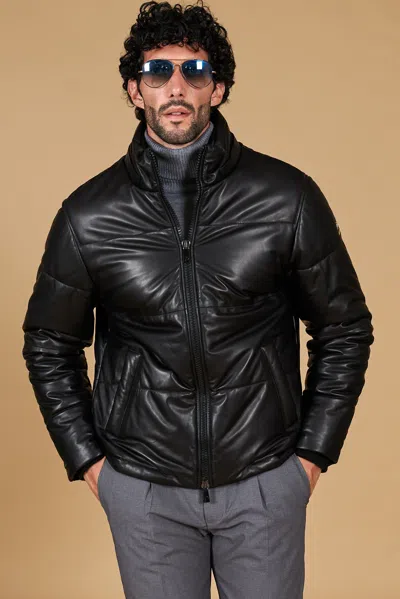 D'arienzo Men's Black Puffer Leather Jacket Short Oversized Quilted Version
