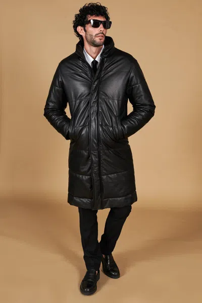 D'arienzo Men's Black Puffer Leather Long Coat Oversized Quilted Version
