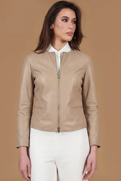 D'arienzo Sand Lamb Leather Jacket Round Collar Smooth Effect
