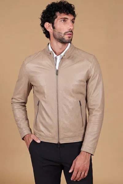 D'arienzo Sand Natural Leather Biker Jacket Smooth Aspect