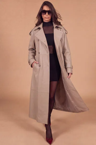 D'arienzo Sand Natural Leather Double-breasted Coat With Belt In Brown