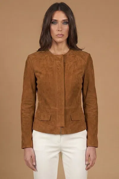D'arienzo Tan Color Suede Jacket With Round Neck In Brown