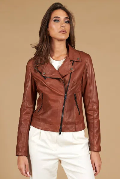 D'arienzo Tan Natural Lamb Leather Biker Jacket Cross Zipper In Brown