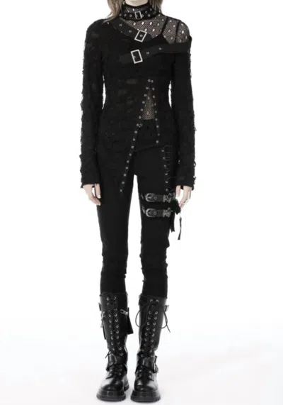 Dark In Love Distressed Punk Long Sleeve Buckle Shirt In Black