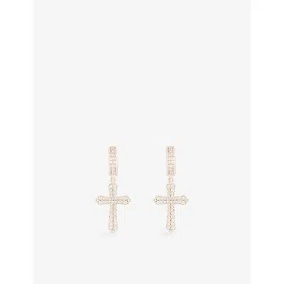 Darkai Mens Cross 18ct White Gold-plated Stainless-steel And Brilliant-cut Diamond Stone Earrings In Neutral