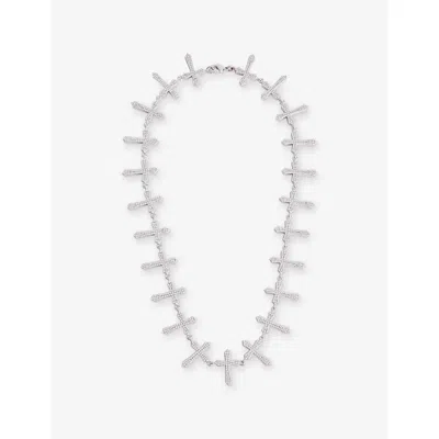 Darkai Mens Cross Tennis 18ct White Gold-plated Stainless-steel And Diamond Stone Necklace In Metallic