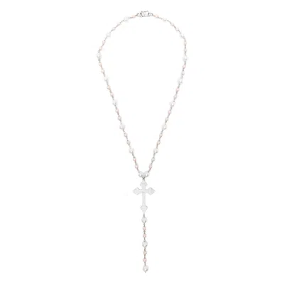 Darkai Pearls Rosary Beaded Cross Necklace In Silver