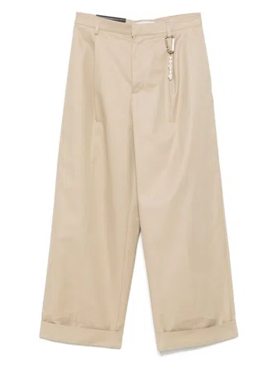 Darkpark Beige Relaxed Wide-leg Trousers With Pearl Accents