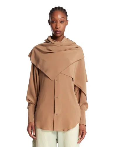 Darkpark Beige Silk Shirt With Scarf In Brown