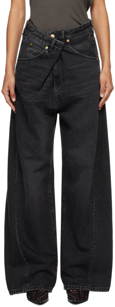 Darkpark Black Ines Fold Over Jeans In Used Black