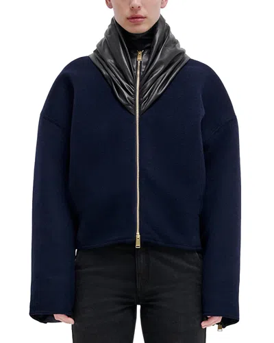 Darkpark Cashmere Wool Leather Fold Collar Bomber Jacket In Blue