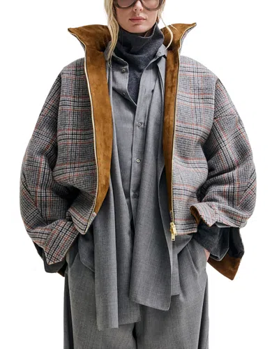 Darkpark Check Print Wool-blend Aviator Bomber Jacket In Gray