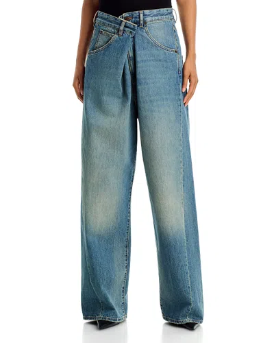 Darkpark Cotton Fold Over Waist Wide Leg Jeans In Sand Wash In Brown