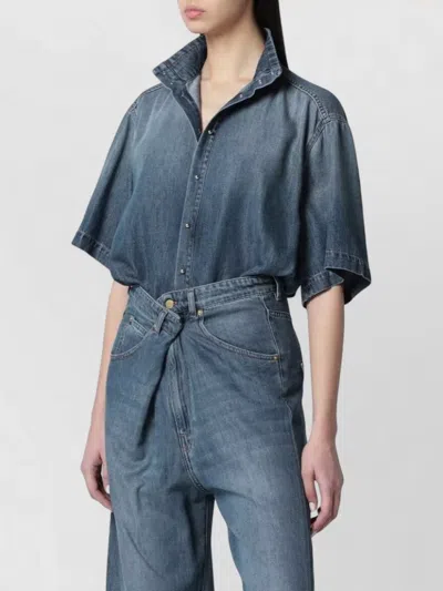 Darkpark Denim Shirt High Collar Short Sleeves Slit In Blue