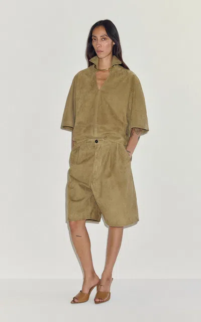 Darkpark Gal Necklace-detailed Suede Polo Shirt In Brown