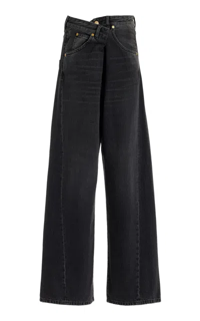 Darkpark Ines Fold-over Low-rise Rigid Wide-leg Jeans In Black