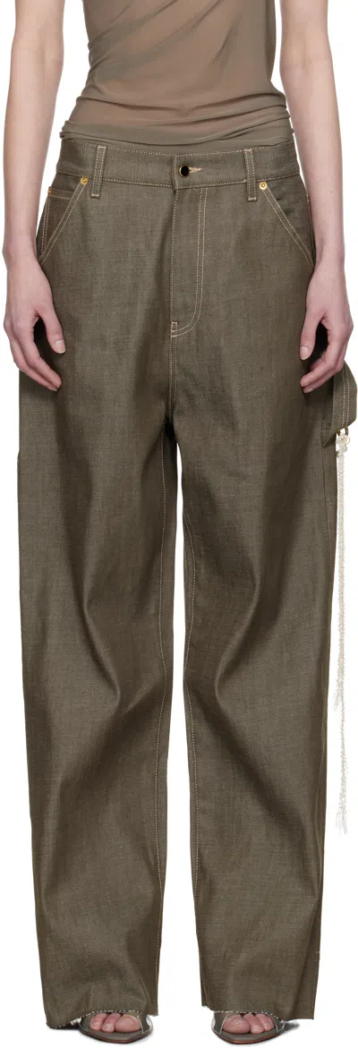 Darkpark Khaki Lisa Chain Adorned Loose Fit Carpenter Jeans
