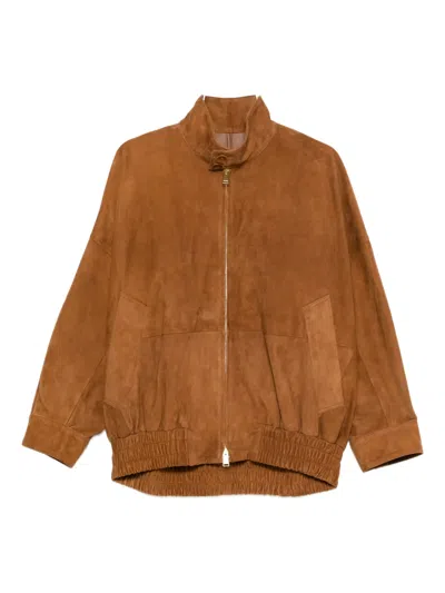 Darkpark Leather Bomber Jacket In Brown