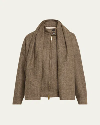 Darkpark Lee Herringbone Bomber Jacket With Detachable Scarf In Brown Beige