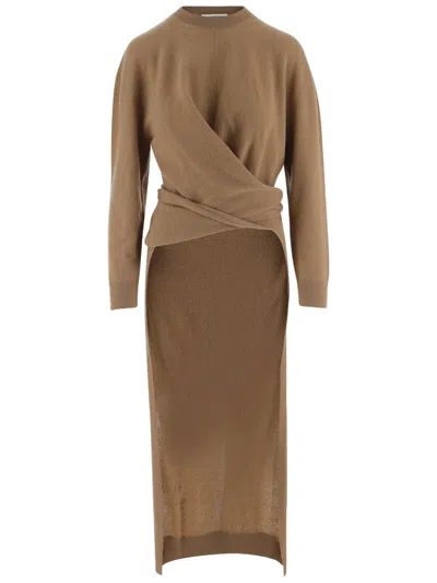 Darkpark Light Brown Draped Wool Cashmere-blend Midi Dress