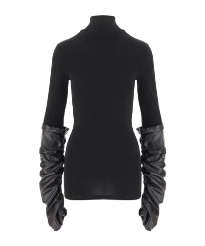 Darkpark Camie Gathered Leather-sleeve Top In Black
