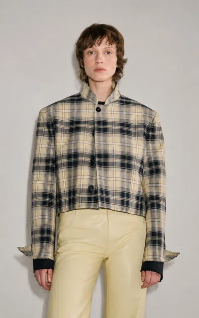 Darkpark Maxime Double-sleeve Checked Cotton Cropped Blazer In Brown