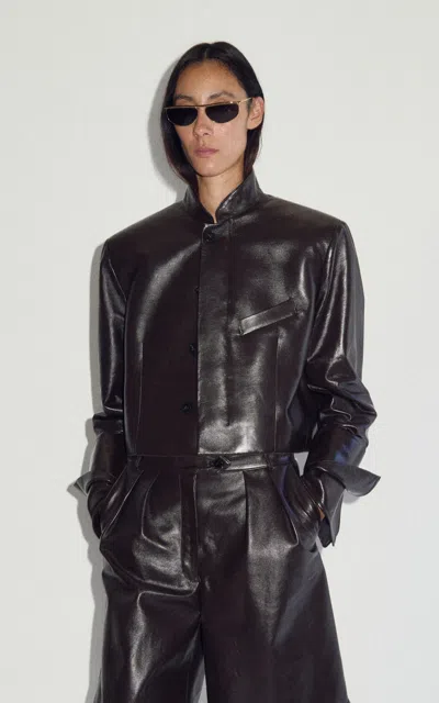 Darkpark Maxime Leather Cropped Blazer In Brown