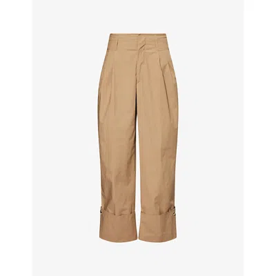 Darkpark Womens Camel Diana Pleated Wide-leg Low-rise Cotton Trousers