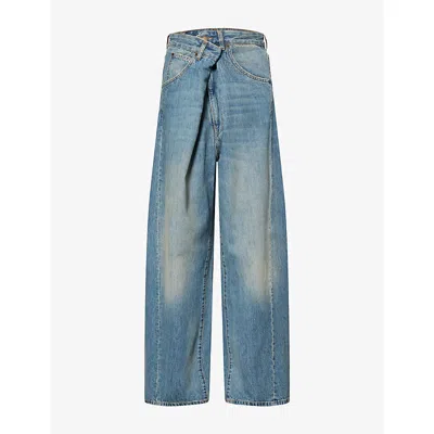 Darkpark Womens Ines Fold Over Denim Jeans Sand Wash In Blue
