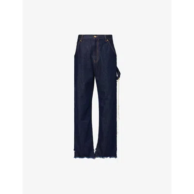 Darkpark Womens Lisa Chain-embellished Carpenter Raw-hem Denim Jeans Raw Blue Denim