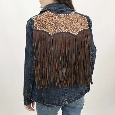 Pre-owned Darling Ad Adbz044 Genuine Leather Hand Tooled Hand Carved Women 100% Cotton Denim In Not Available