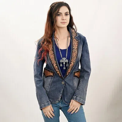 Pre-owned Darling Ad Adbz045 Genuine Leather Hand Tooled Hand Carved Women 100% Cotton Denim In Not Available