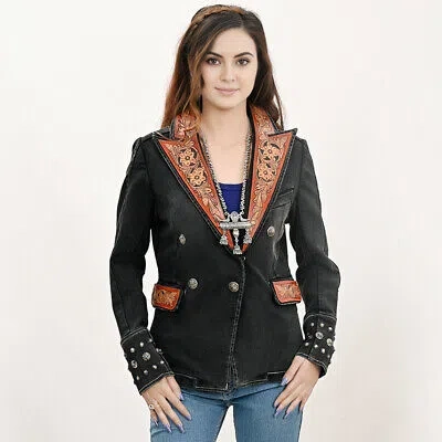 Pre-owned Darling Ad Adbz048 Genuine Leather Hand Tooled Hand Carved Women 100% Cotton Denim In Not Available