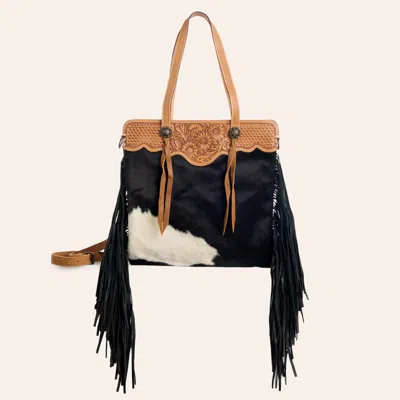 Darling American  Black & White Hair-on Fringe & Tooled Leather Handle Crossbody Bag